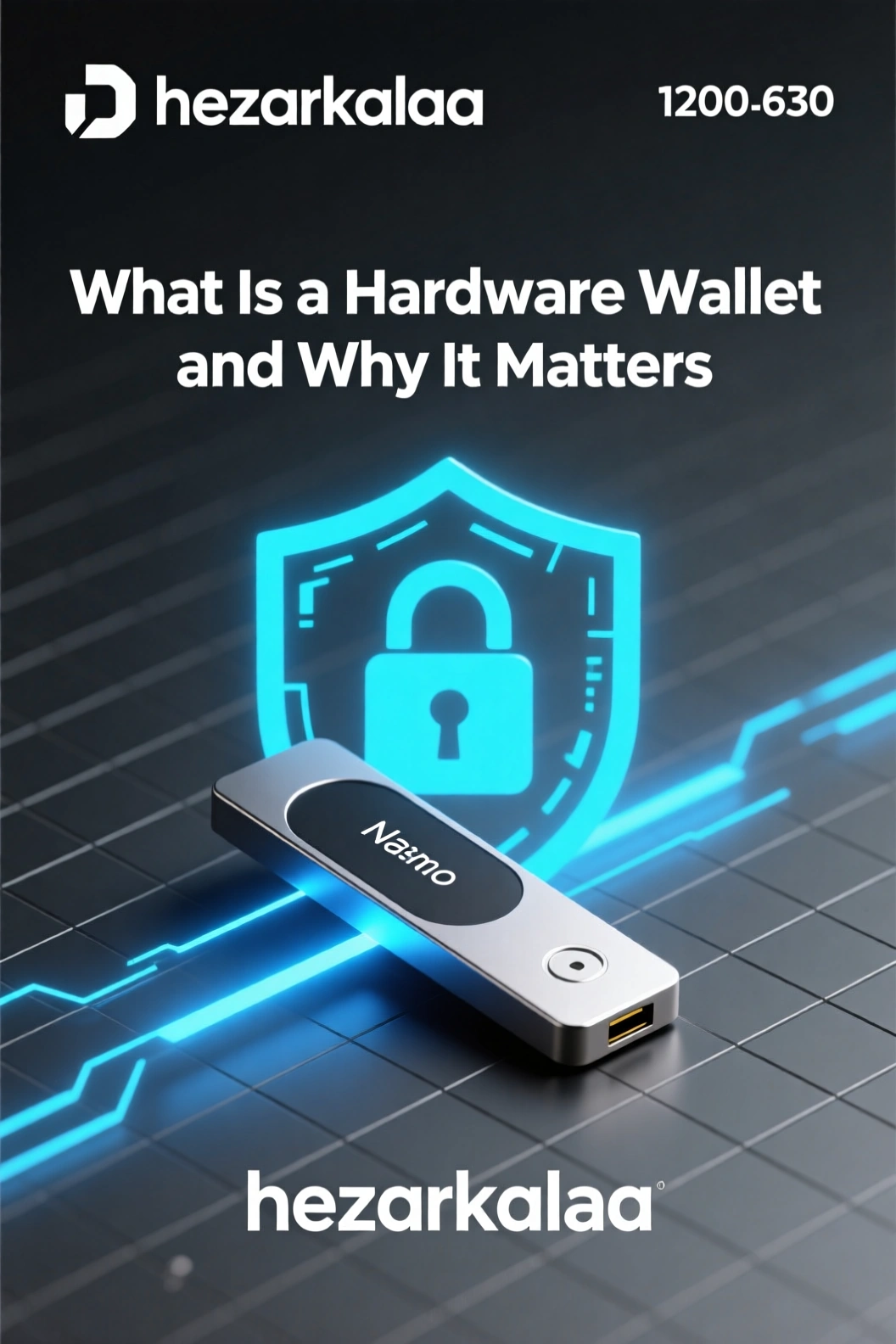 تصویر کیف پول سخت‌افزاری Ledger Nano X با نماد سپر قفل دیجیتال، همراه لوگوی hezarkalaa — نمایانگر امنیت و حفاظت از رمزارزها